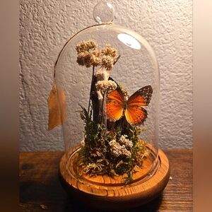 Glass Dome with Orange Butterfly and Natural Accents